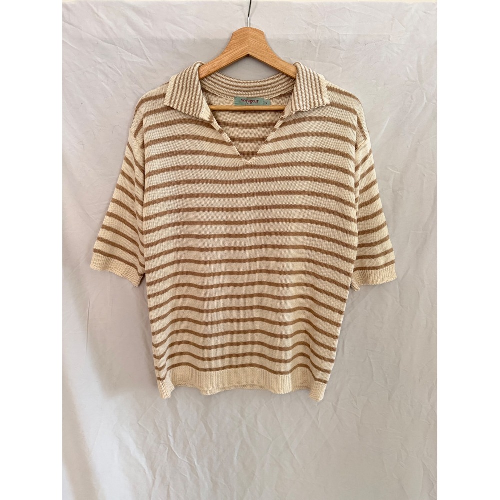 Voyageur by Mersea Polo Sweater Womens Tan Cream Striped Knit Italy Small